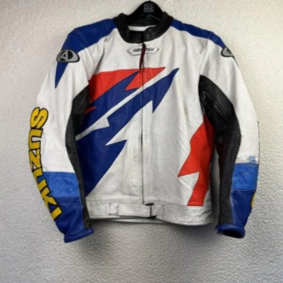 AGVSPORT Suzuki Leather Motorcycle Padded Jacket 48 Blue Red White Racing Mens - Picture 1 of 14